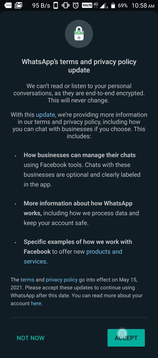 nagavaraprasad8's tweet photo. Finally #WhatsApp sent me this - #WhatsAppPrivacyPolicy?
Did you accept this? #privacypolicyupdate ? #privacy https://t.co/YvYOmSz0jv