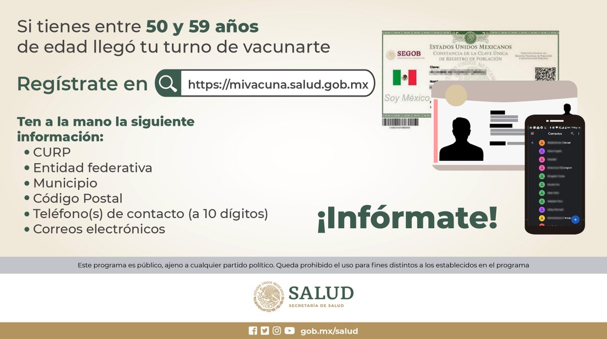 Salud Mexico Si Tienes Entre 50 Y 59 Anos Registrate En T Co 6lkeegruef Es Tu Momento De Recibir La Vacuna Contra Covid19 Ten A La Mano Tu Curp Y Un