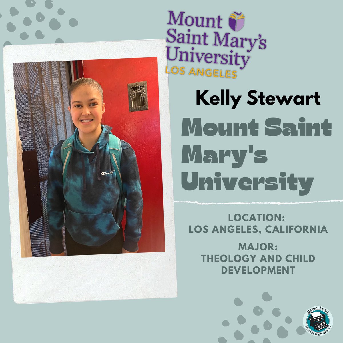 dpmhsclass2021's tweet photo. Congratulations to Senior Kelly Stewart for committing to Mount Saint Mary’s University! (@MSMU_LA) 💜✨
#dpmhs #msmu #msmula #mountsaintmarysuniversity #themount #classof2021 #classof2025 🎉 https://t.co/ga24SZUXr1