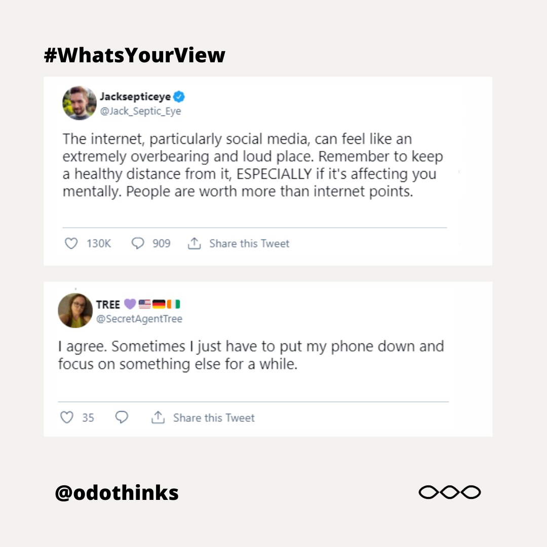 odothinks's tweet photo. Social media has been quick to take over our lives, but remember, there is life outside the internet and it is the one that matters.
#odothinks #SocialMedia #DigitalHealth #MentalHealthMatters #Mentalhealth #selfcare #selflove #BeSafe #StayHome https://t.co/fYDd8MJ52Z
