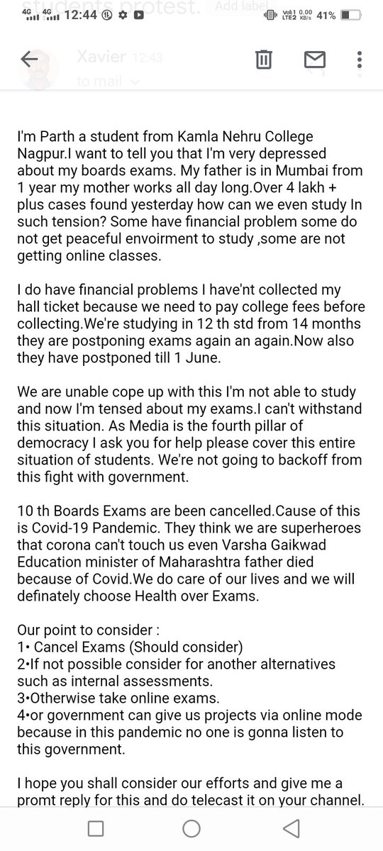 TheParthKukde's tweet photo. #cancel12thboardexams2021 
#cancel12thboardexams2021
@PMOIndia @cbseindia29 @DrRPNishank @CMOMaharashtra @EduMinOfIndia @DrRPNishank
@indiatvnews 
Sent an mail to @indiatvnews  about telecasting about ongoing students protest.Send Emails to all News media for cancellation of exam https://t.co/G7BqRGVvEB