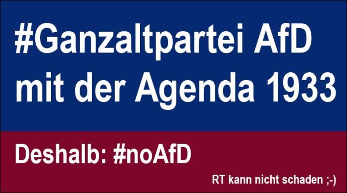 Man kann es drehen und wenden, wie man will...

Die #AfD ist für die allermeisten Wähler auch 
der parlamentarische Arm der Einzeltäter! 😱

#noAfD #AfDrausausdenParlamenten #fckAfD #Rechtsterror #rechterTerror