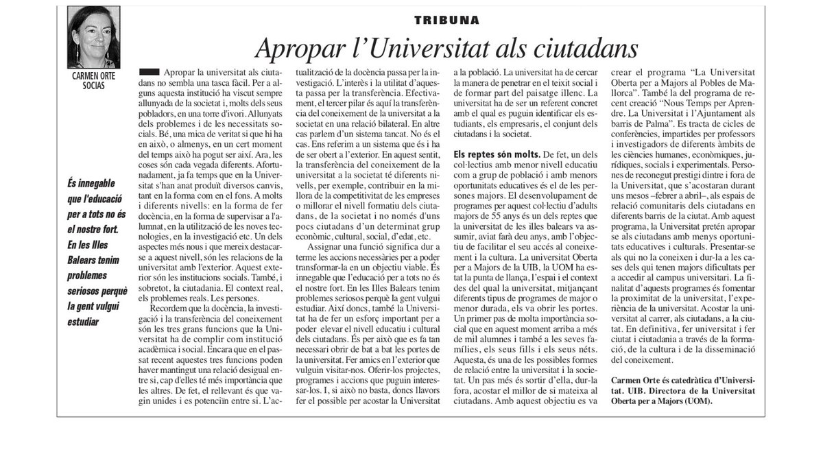COrteSocias's tweet photo. Fa quasi 13 anys vaig publicar aquest article a @diariomallorca 📰
Ha plogut molt, però les coses han avançat poc, la universitat ha de cercar la manera de penetrar en el teixit #social i de formar part del paisatge #illenc🌄
#AmbCarmenOrte 
#EleccionsUIB2021 https://t.co/5jNWAGrTYx