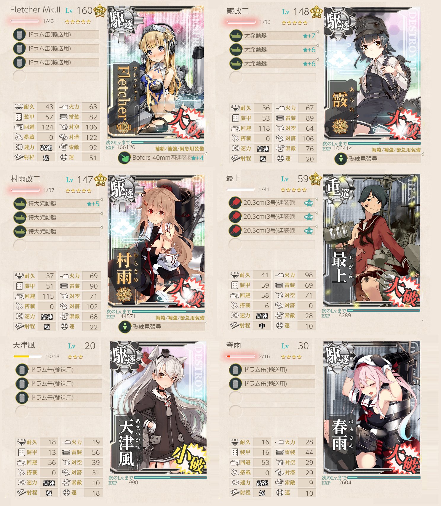Ueo Ai 提督 E1 ラバウル方面艦隊進出 07 30 から村雨 霞 Johnston 大井を連続使用 Johnstonはバケツを使う前にもう一仕事 村雨のキラを次に残したいので6番艦に配置 旗艦は重巡指定 重巡のままlv58 旗艦lvは55 にしたサブ最上を使用 遠征後に