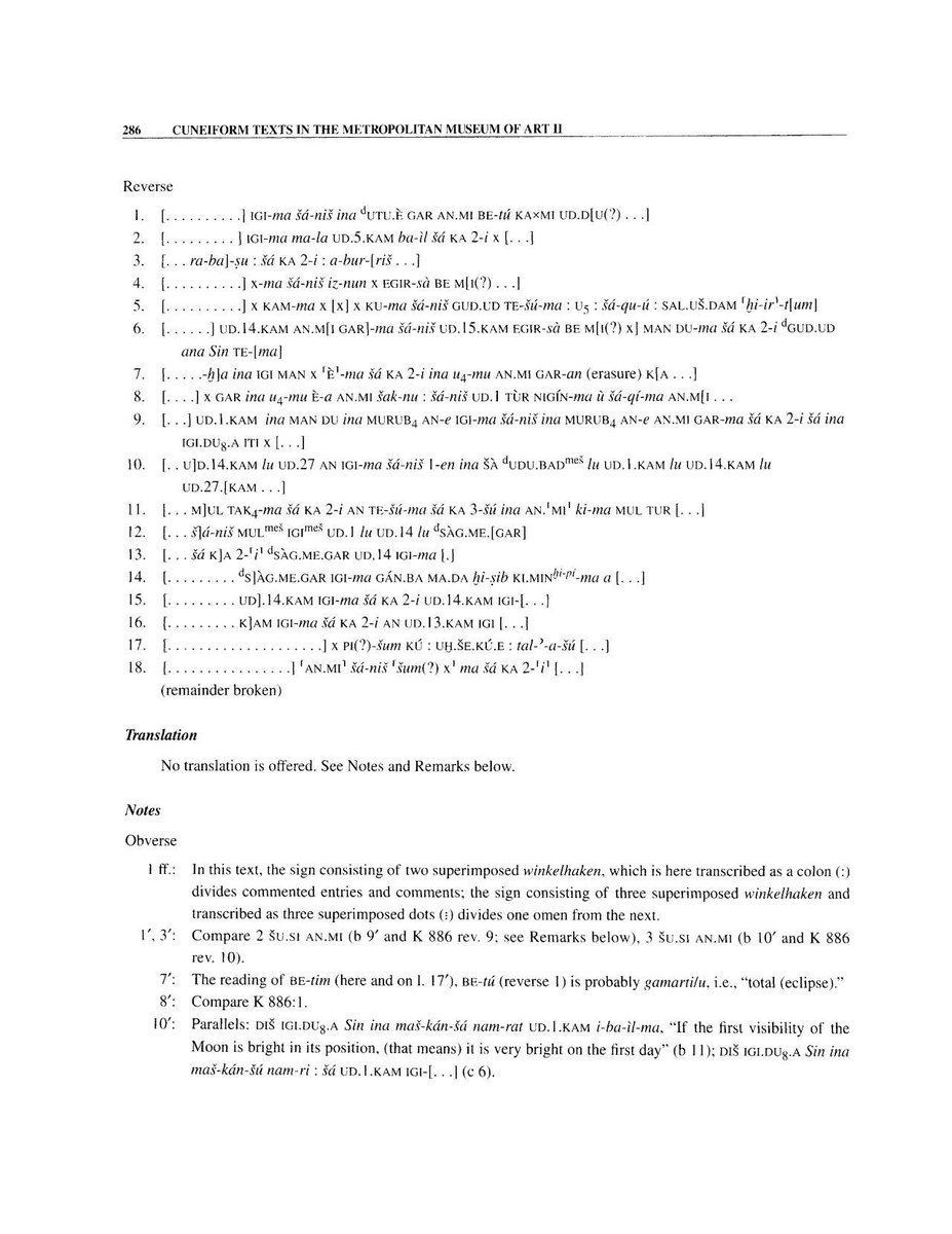 Commentary on Enuma Anu Enlil Cuneiform Texts in The Metropolitan Museum of Art. Volume II: Literary and Scholastic Texts of the First Millennium B.C. by Spar, Ira, and W. G. Lambert MMA 86.11.287a