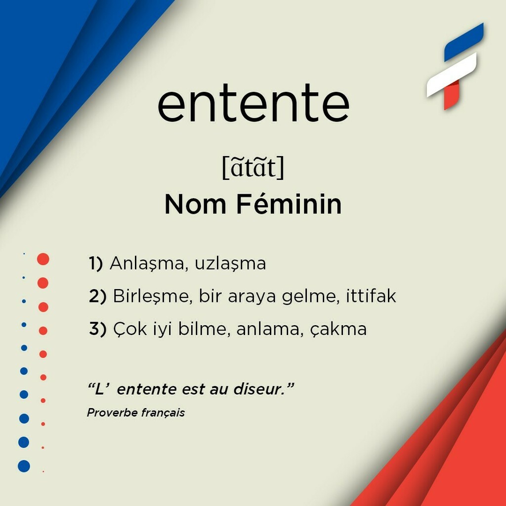 📚entente, nom féminin 🎙[ɑ̃tɑ̃t]:
1️⃣ Anlaşma, uzlaşma
2️⃣ Birleşme, bir araya gelme, ittifak
3️⃣ Çok iyi bilme, anlama, çakma
4️⃣ Uyum, uyuşma, iyi geçinme
5️⃣ Yorum, anlam
-
-
“L’entente est au diseur.”
Proverbe français
-
-
🔗Biodaki linke tıklayarak s… instagr.am/p/COXPRxGKajC/