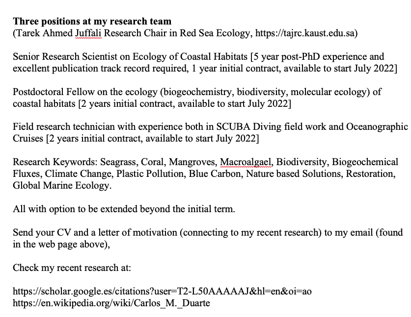 Recruiting for the following three positions:

🧞‍♀️🧞‍♂️ senior research scientist
🧞‍♀️🧞‍♂️ postdoc 
🧜🏻‍♀️ 🧜🏼‍♂️ field technician

at my research team at KAUST 

About KAUST:
youtube.com/watch?v=WQxlIx…

Check the positions 👇 and RT