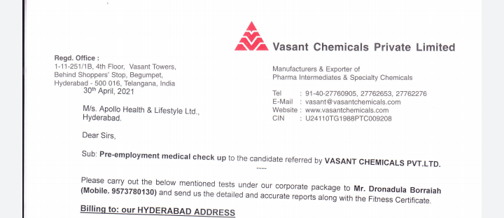 I am selected in another pharmaceutical company Vasanth hemicals