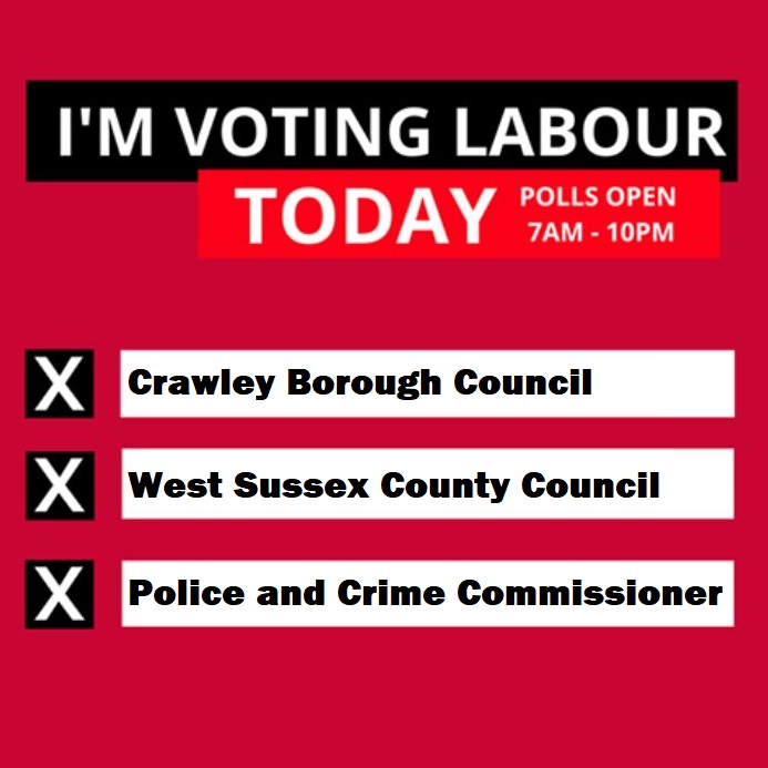 PeterKLamb's tweet image. Polling stations are now open and won't close till 10pm.

Please try to go at quieter times and be prepared in case there's a queue.

Don't forget your mask and your own pen.

Postal votes can still be handed in on the day.

In #Crawley only a vote for Labour can stop the Tories.