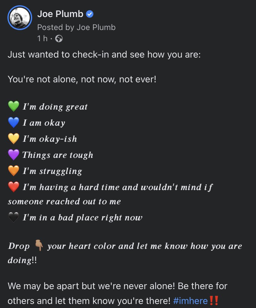 Although we may still be apart, we are never alone. 

Always check-in on those around you. Even if you can’t check-in in person, there’s still ways you can make sure they are ok.

I’ve been holding isolation check-ins from the start of the pandemic.