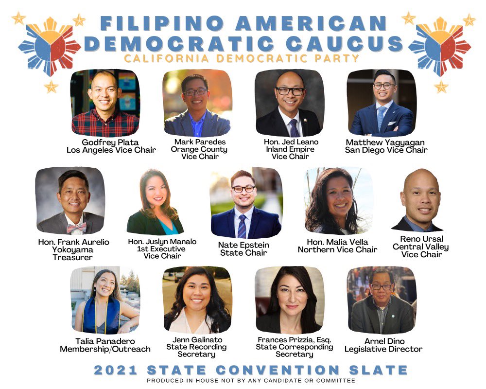 Epstein4OC's tweet photo. Congratulations to our new FADC Executive Board! Looking forward to serving with you and our Filam-community. @juslynmanalo @Malia_Vella @renowrites @JedLeano @mattyagyagan @frank_yokoyama @GodfreyPlata @FrancesPrizzia @ArnelDino @CA_Dem #FADC #CADEM2021 https://t.co/WTPmOhBl0G