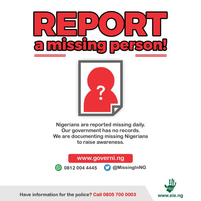 EiENigeria's tweet image. We launched a Missing Persons Register (@MissingInNG) to document missing Nigerians and raise awareness.
Is a family member or friend missing? Submit a report, governi.ng
#MissingInNG