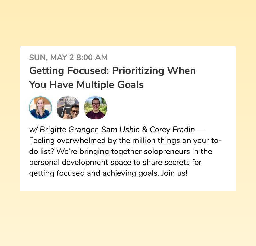 brigitte_lynn's tweet photo. Have a lot of goals? Not sure where to start? We're talking about how to prioritize when you have multiple goals. Get focused with us in an hour on Clubhouse! https://t.co/8ONlwnbsab https://t.co/QUZ2IfiFp1