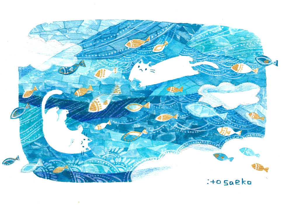 「青とネコと #透明水彩 」|itosaekoのイラスト