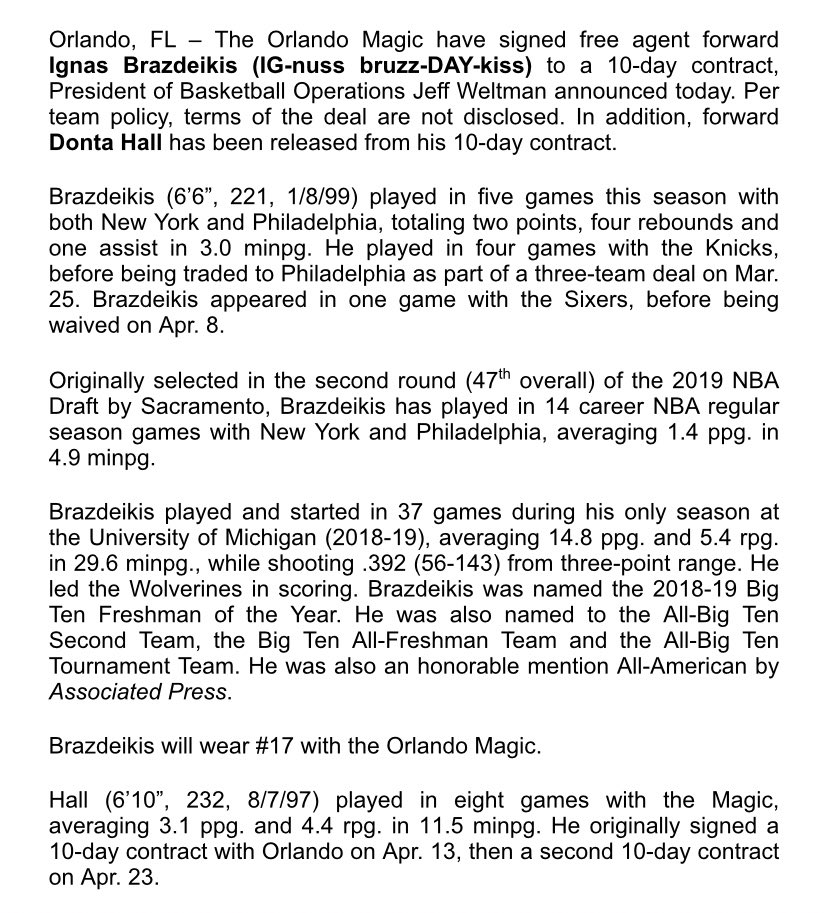 Orlando Magic PR on Twitter "PRESS RELEASE OrlandoMagic sign free
