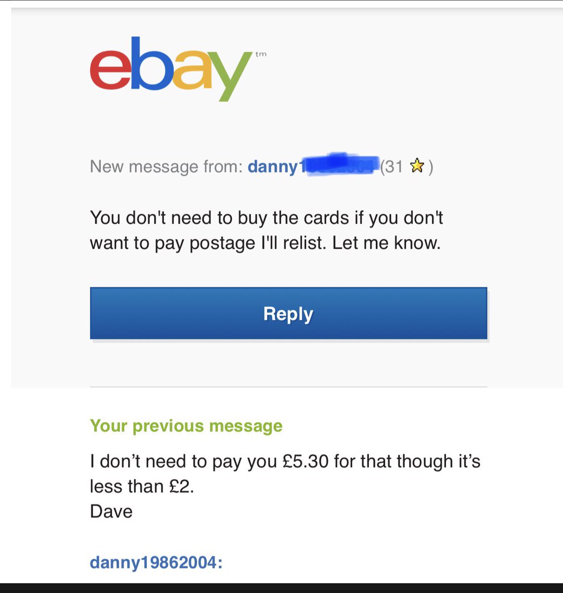 corbincollects's tweet photo. eBay sellers don’t be like Danny, make you money from auctions not postage. https://t.co/nhbn36gABJ