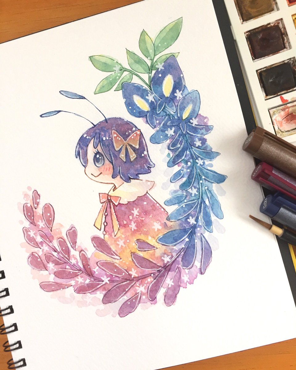 森ノ綾 藤の花 女の子イラスト メルヘン アナログ 水彩イラスト 水彩画 イラスト 藤の花 花イラスト