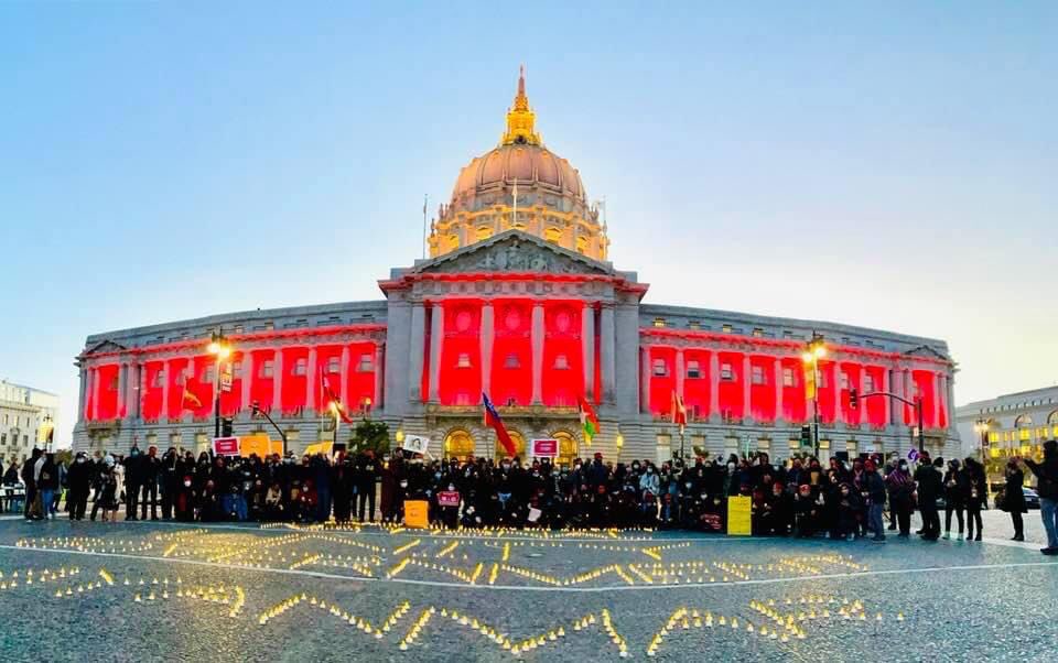 San Francisco’s City Hall lit up red in support of Myanmar #GlobalSpringRevolutionDay on May 1 as Myanmar community rally to support the country’s fight for democracy against violent military regime. Picture/Kyaw Naing 
#WhatsHappeningInMyanmar
