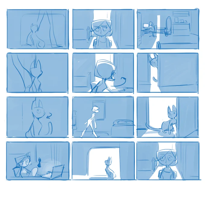 buncha storyboards I never used for diff films (first is one film, other 3 are another)
I normally draw these formyself so the reading order is weird sfsdfs it's from top right down (in columns) 