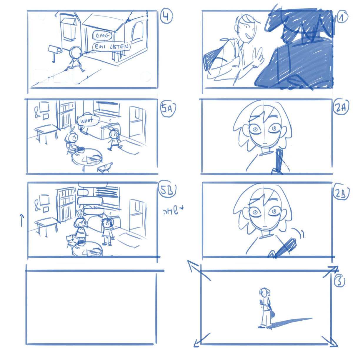 buncha storyboards I never used for diff films (first is one film, other 3 are another)
I normally draw these formyself so the reading order is weird sfsdfs it's from top right down (in columns) 