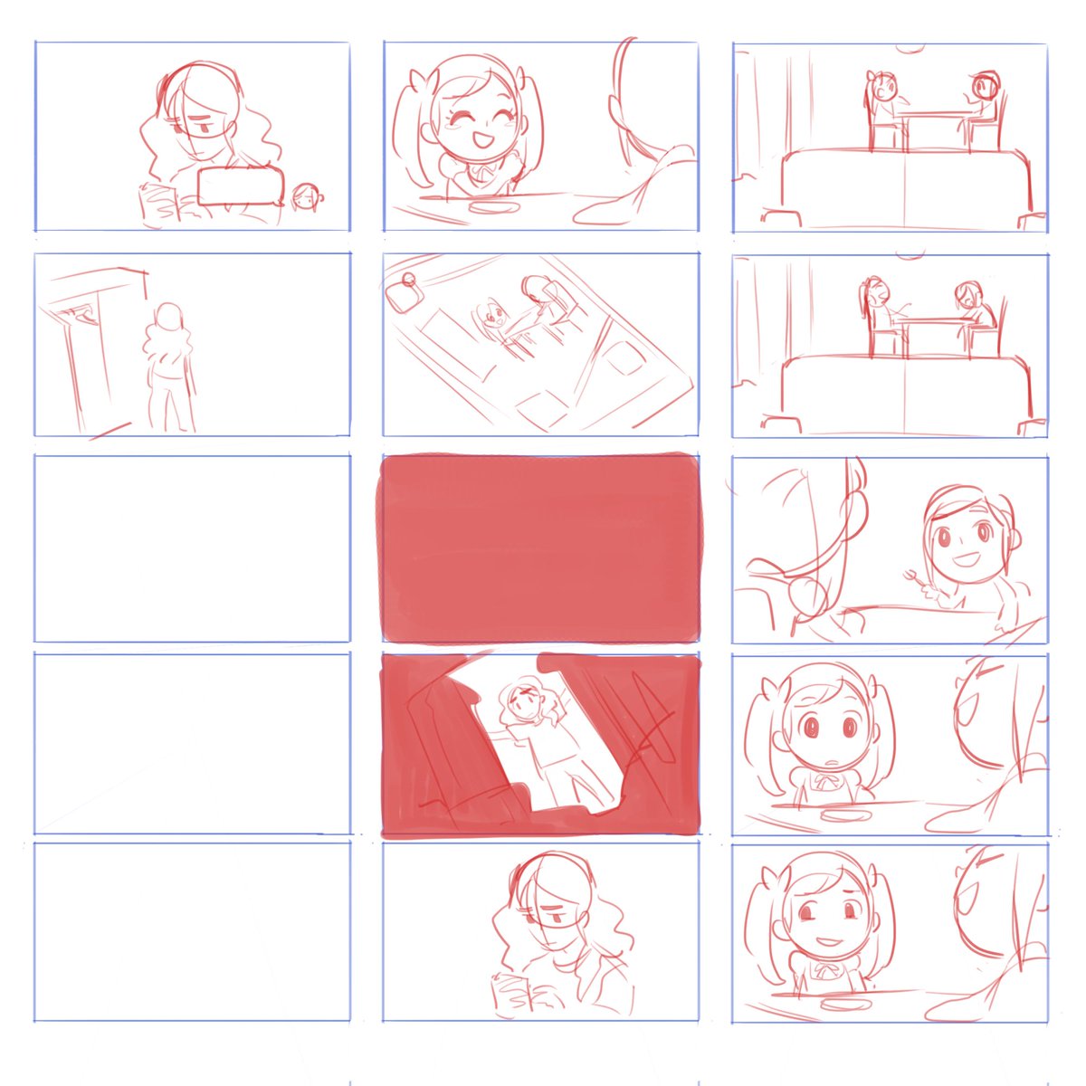 buncha storyboards I never used for diff films (first is one film, other 3 are another)
I normally draw these formyself so the reading order is weird sfsdfs it's from top right down (in columns) 