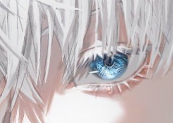 gojou satoru solo 1boy white hair male focus blue eyes blue background short hair  illustration images