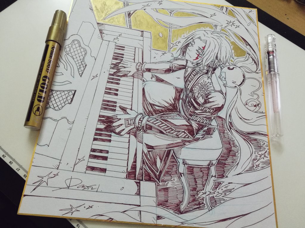 "Across millions of years,
no matter how many prayers have already returned back to the ground
I will still continue to pray"
D.Gray-Man's Allen Walker playing the piano,shikishi commission for Christina.
Batch 2, no. 9.
#dgm #dgrayman #allenwalker #melodyofthe14th #dグレ