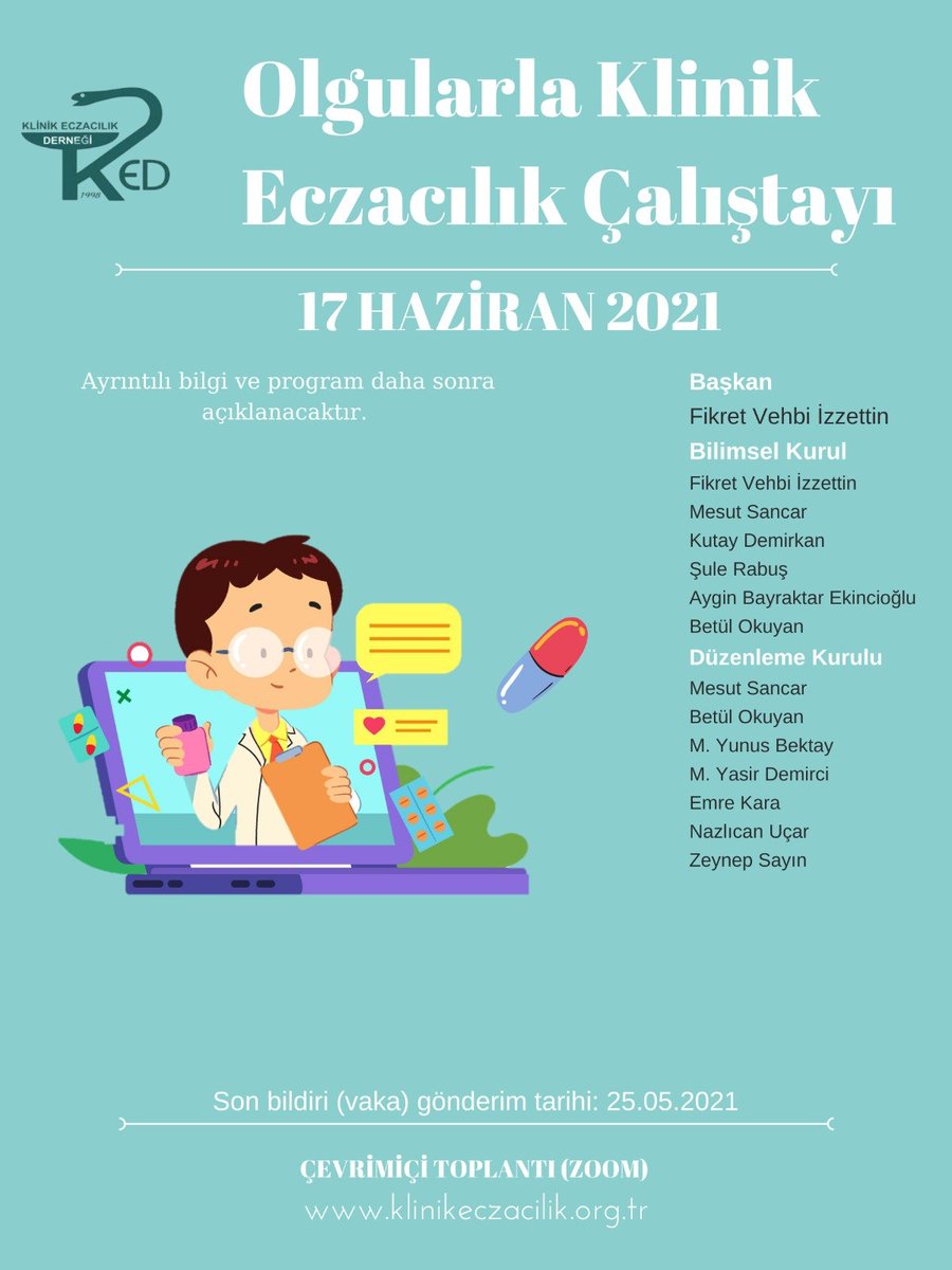 Bu yıl ilki düzenlenecek olan, eczacı önerileriyle çözümlenmiş ilaçla ilgili problemlerin yer aldığı gerçek olgu raporlarının tartışılacağı klinik eczacılık çalıştayımıza sizleri bekliyoruz.