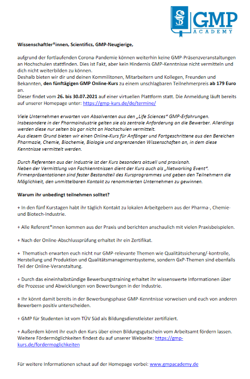 jcf_bonn's tweet photo. 🚨 Alle GMP-Interessierten aufgepasst! 🚨

Noch bis zum 26.06. habt ihr die Möglichkeit, euch zum Early Bird-Tarif beim GMP-Kurs in Kooperation mit unserem JCF anzumelden.

Mehr Infos auf https://t.co/fcRiVdEX6W!

#gmp #gdch #jungchemikerforum #jcfbonn https://t.co/VRZVfzbRFE