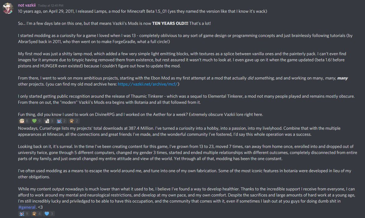 Vazkii S Mods A Few Days Ago Vazkii S Mods Turned 10 Ten Years Of Modding I Posted A Celebratory Message On My Discord Server Please Read It Thank You T Co K8d6q72m8m T Co Ng3vibi2xy