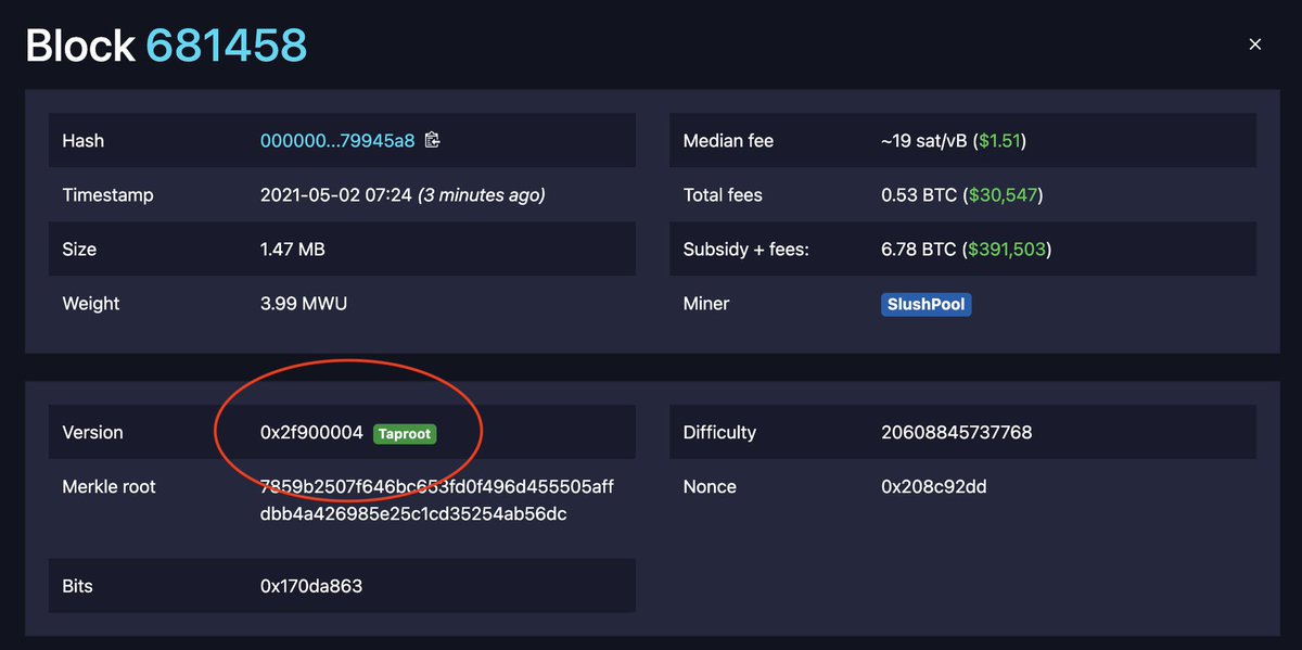 DocumentingBTC's tweet image. The first #Bitcoin Taproot block has been signaled by @slush_pool!