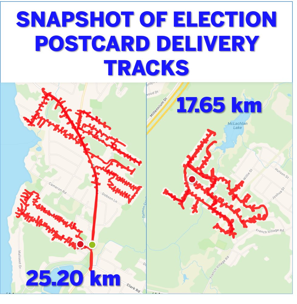 Nearing the finish line for the door-to-door delivery of my election postcards. Thought I would share a snapshot for two of my biking delivery tracks. The one on the left was from the evening of Thursday 29 April and the one on the right was from the afternoon of Sunday 25 April.