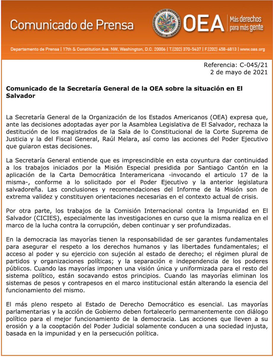 Almagro_OEA2015's tweet image. Comunicado de la Secretaría General de la @OEA_oficial sobre la situación en El Salvador:

oas.org/es/centro_noti…