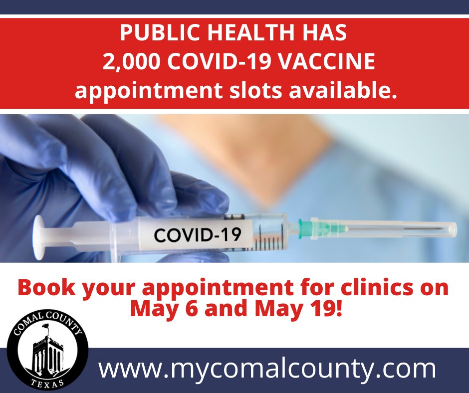 ComalCountyTX's tweet photo. Comal County Public Health Department will hold mass COVID-19 VACCINE clinics on May 6 and May 19th.
Anyone interested in receiving the Moderna vaccine, can register on the County’s website at https://t.co/qgKWYHDjhK
There are 1,000 appointment slots available each day. https://t.co/rQbZR08oGO