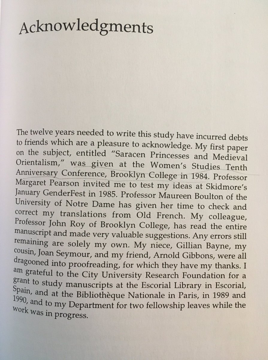 Screenshot of De Weever's acknowledgements notes that she first gave a paper on the subject "entitled 'Saracen Princesses and Medieval Orientalism" in 1984