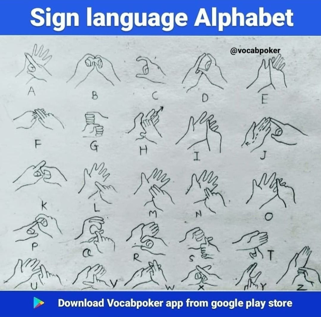 vocabpoker's tweet photo. Sign Language Alphabet
.
Follow: @vocabpoker

#vocabpoker

#alphabet  #english #word #signlanguage #deaf #englihshome #easyenglish #etl #esl #englishalphabet #sign #handgesture #coolwords #englishonline #ielts #toefl #word https://t.co/RXCsb2fu7a
