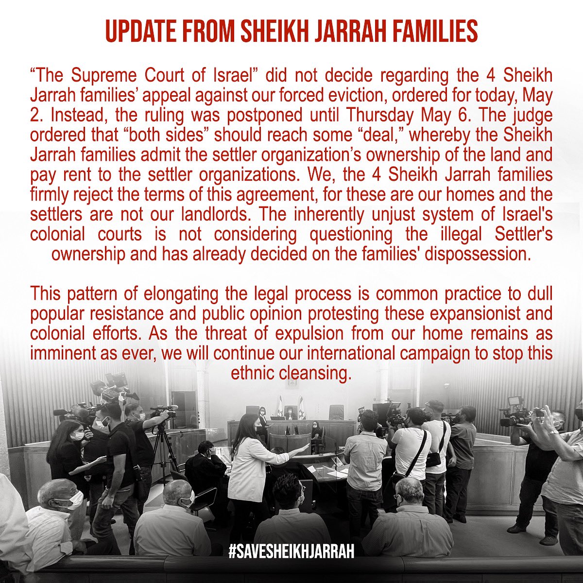 m7mdkurd's tweet photo. I’ve been seeing some inaccuracies in the media. Here is our official statement about what happened in the occupation court today. #SaveSheikhJarrah https://t.co/Dgm41rysZ5
