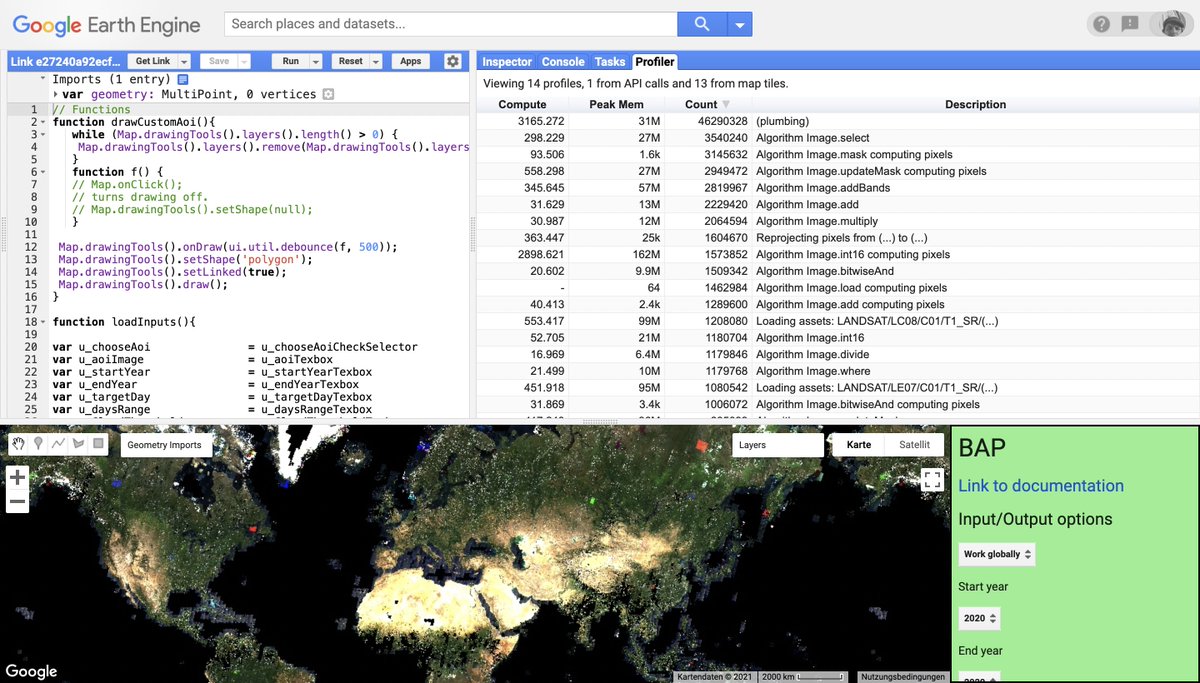 The #GoogleEarthEngine profiler shows detailed information about consumed resources (CPU time, memory) while running the best-available-pixel (#GEEBAP) algorithm on a global scale. 

For how long will @Google continue to cover my cloud computing costs for using the #EarthEngine?