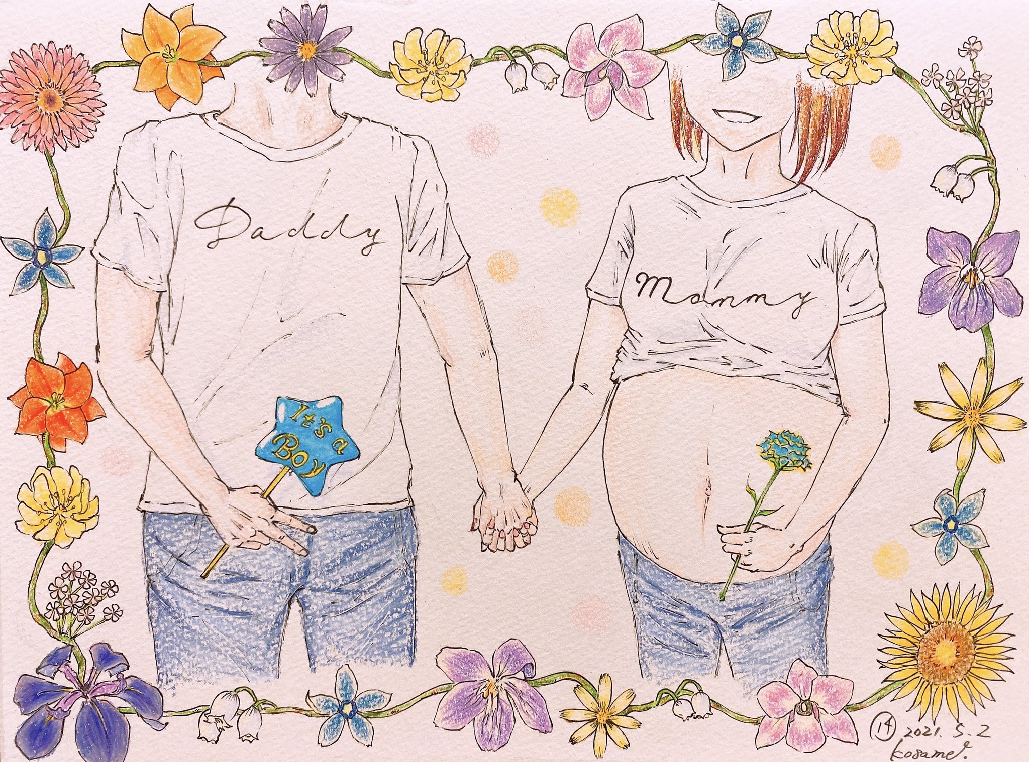 こさめ 100ページチャレンジ 14ページ目 マタニティフォト あと1ヶ月程で家族が増えます 夫婦を囲む花にもそれぞれ意味を込めました 色鉛筆 色鉛筆画 カリスマカラー Coloredpencil Art マタニティフォト 絵 イラスト チャレンジ
