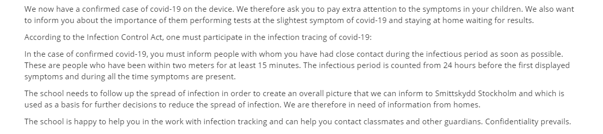 I found the earlier message from two weeks back: A confirmed case. There is tracing but it's done by families. The school promises to help the parents in contacting the exposed. What happens when the family hears their child has been exposed? It doesn't say.