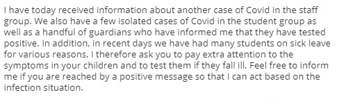 Three weeks from the first reported case:- another confirmed case among the staff- "a few isolated cases" among the pupils- cases among familiesThey still can't do more than ask families to pay attention to symptoms, take the test and inform the school.