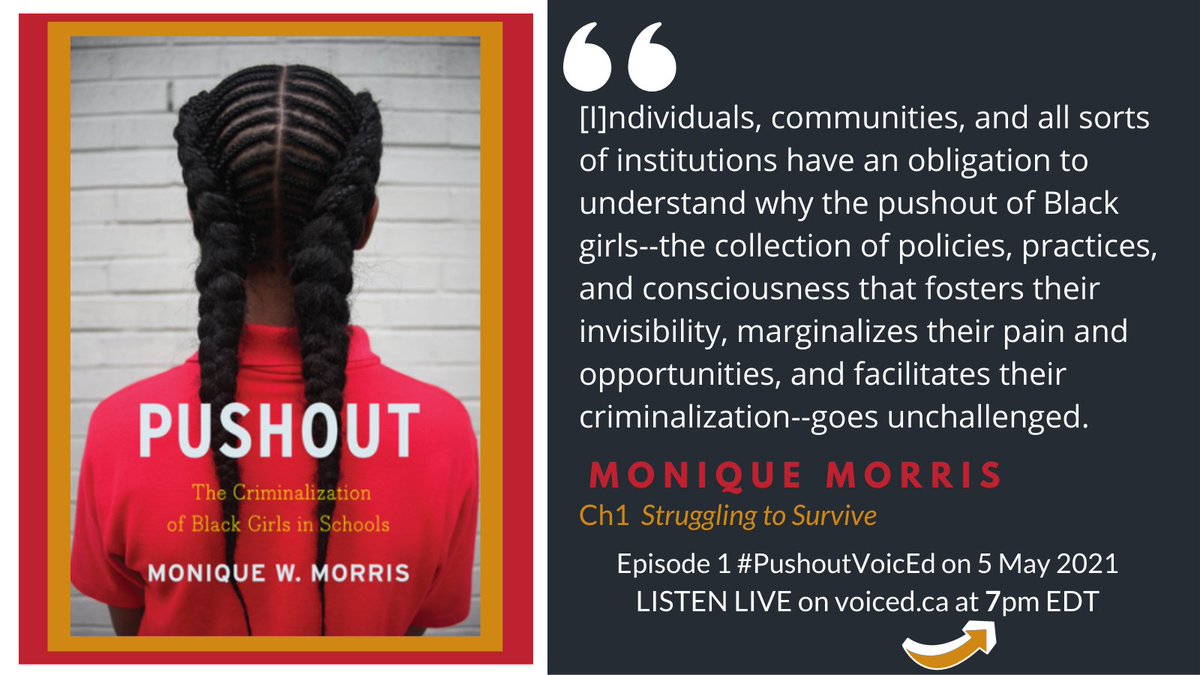 On Wednesday, I'm with <a href="/MzNelsun/">MzNelsun</a> for 1st episode of @MoniqueWMorris #PushoutVoicEd For folks new to #AntiRacistEducatorReads, we chat about intro &amp; ch1, connect to our work as educators. Livestreamed at voiced.ca 7pm EDT Everyone welcome. Join convo  #pushoutvoiced