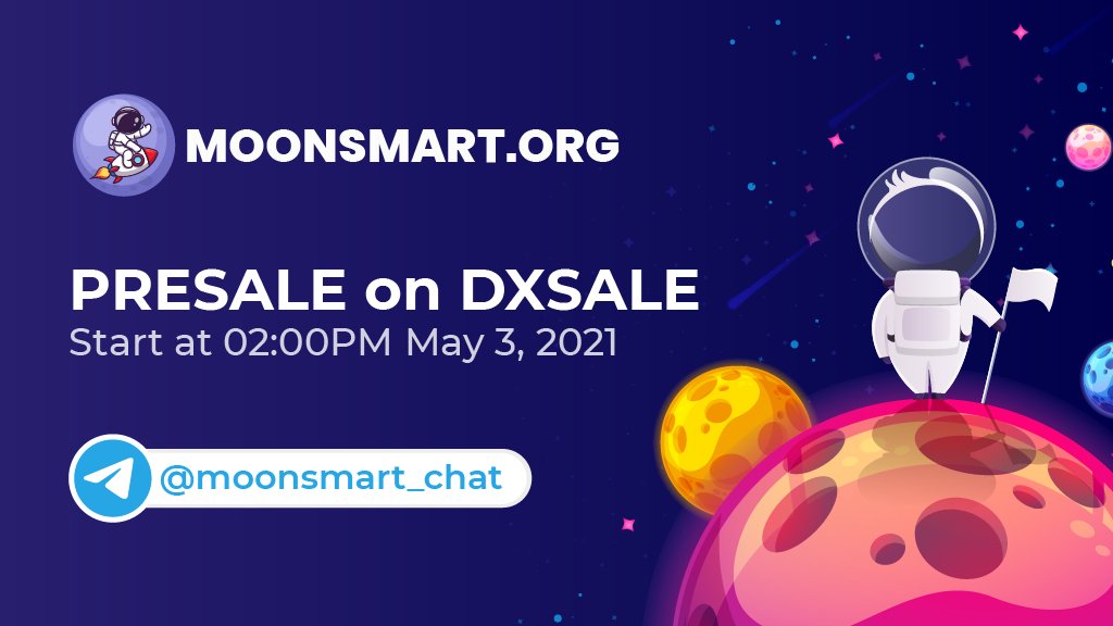 moonsmartdefi's tweet photo. 🌕 MOONSMART 🌕 The Presale start at 02:00PM May 3, 2021 ⬇
🕑 Countdown: https://t.co/Svbs71MPX4
🛒 Buy on DxSale: https://t.co/LScjwdJnVX
#BSC #DeFi #MoonSmart https://t.co/QzI5a0hdzn