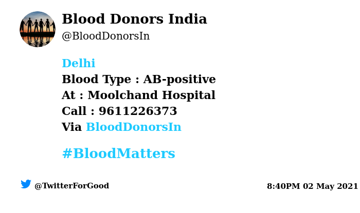 BloodDonorsIn's tweet photo. #Delhi
Need #Blood Type :  AB-positive
At : Moolchand Hospital
Blood Component : Need Plasma from AB+ve #Covid19 recovered patient
Number of Units : 2
Primary Number : 9611226373
Via: @BloodDonorsIn
#BloodMatters
Powered by Twitter https://t.co/sskeifDAAW