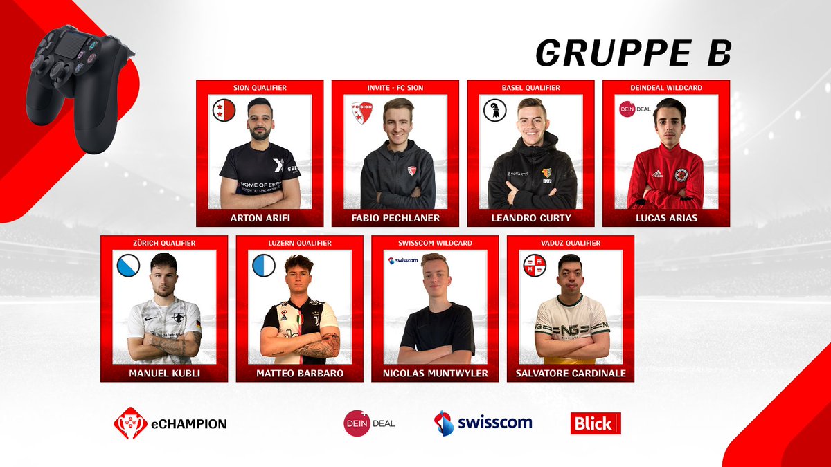 eChampion Phase 2: ⚽️ Die Gruppen stehen fest. 16 Spieler treten in 2x 8er Gruppen gegeneinander an und kämpfen um die Top 4 Plätze🥊
Welche 8 Spieler qualifizieren sich für das Grand Final? Link zum Livespielplan: bit.ly/3gV7y6r

<a href="/Swisscom_Gaming/">Swisscom Gaming</a> <a href="/deindeal/">DeinDeal</a> <a href="/Blick_Sport/">Blick Sport</a>