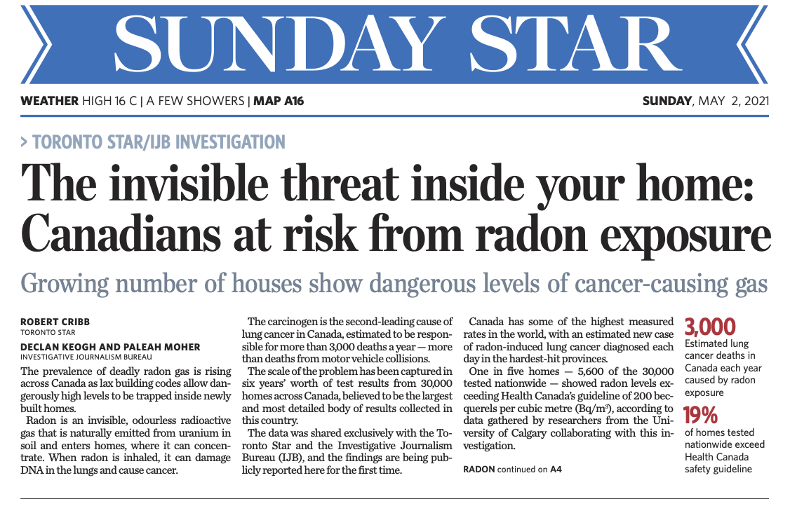 Excellent story on the front page of the <a href="/TorontoStar/">Toronto Star</a> feat. our work at #EvictRadon. Those wishing to test their home &amp; join our study can do so at evictradon.org <a href="/thecribby/">Robert Cribb</a> <a href="/PBMoher/">Paleah Moher</a> @Declanbayne @uoft_ijb <a href="/UCalgaryMed/">UCalgaryMedicine</a>