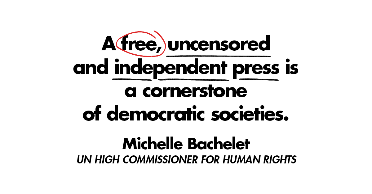 Attacks, arrests and the criminal prosecution of a journalist has an additional chilling effect of dissuading other journalists from critically reporting on relevant issues – UN Human Rights Chief <a href="/mbachelet/">Michelle Bachelet</a> on #WorldPressFreedomDay: ow.ly/A5Ys50ECLV9

#StandUp4HumanRights