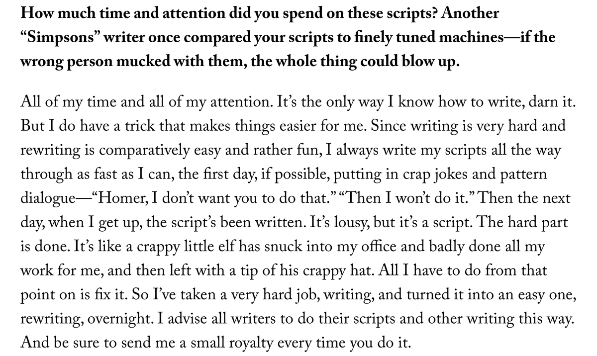 ProducerMcD's tweet photo. This section in the wonderful Mike Sacks interview with John Swartzwelder is the most revelatory thing I've ever read about the writing process. https://t.co/00SiHQzKvU https://t.co/vNpoLHcWX0