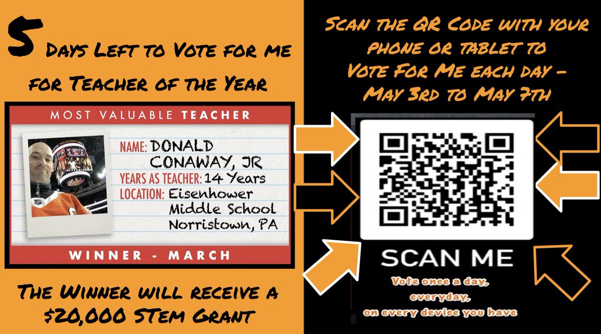 MrCwayScience's tweet photo. Voting starts TOMORROW for me for @FutureGoalsSTEM @NHL Teacher of the Year representing @NHLFlyers. Use the link &amp; or the QR Code on any &amp; every internet connected device you have access to. Voting ends Friday, May 7th. Winning teacher gets a $20,000 STEM Grant for their School https://t.co/jEzAtbnCnB