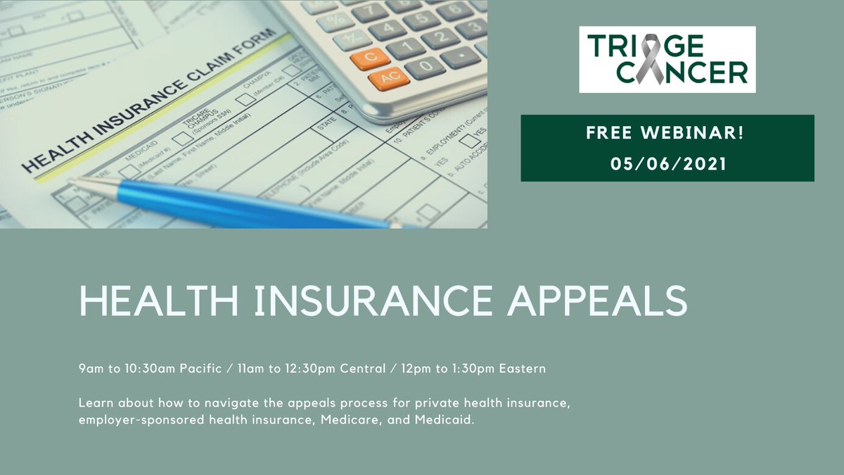 ZEROCancer's tweet image. FREE webinar! Learn about how to navigate the appeals process for private health insurance, employer-sponsored health insurance, Medicare &amp;amp; Medicaid. Register at triagecancer.org/webinars 
#oncoalert #cancersm #hcsm #beyonddiagnosis #medicare #medicaid
@TriageCancer